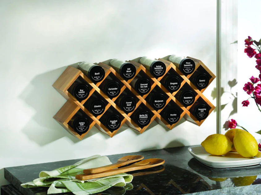 Kamenstein Criss-Cross 18-Jar Bamboo Spice Rack with Black Caps - Image 3